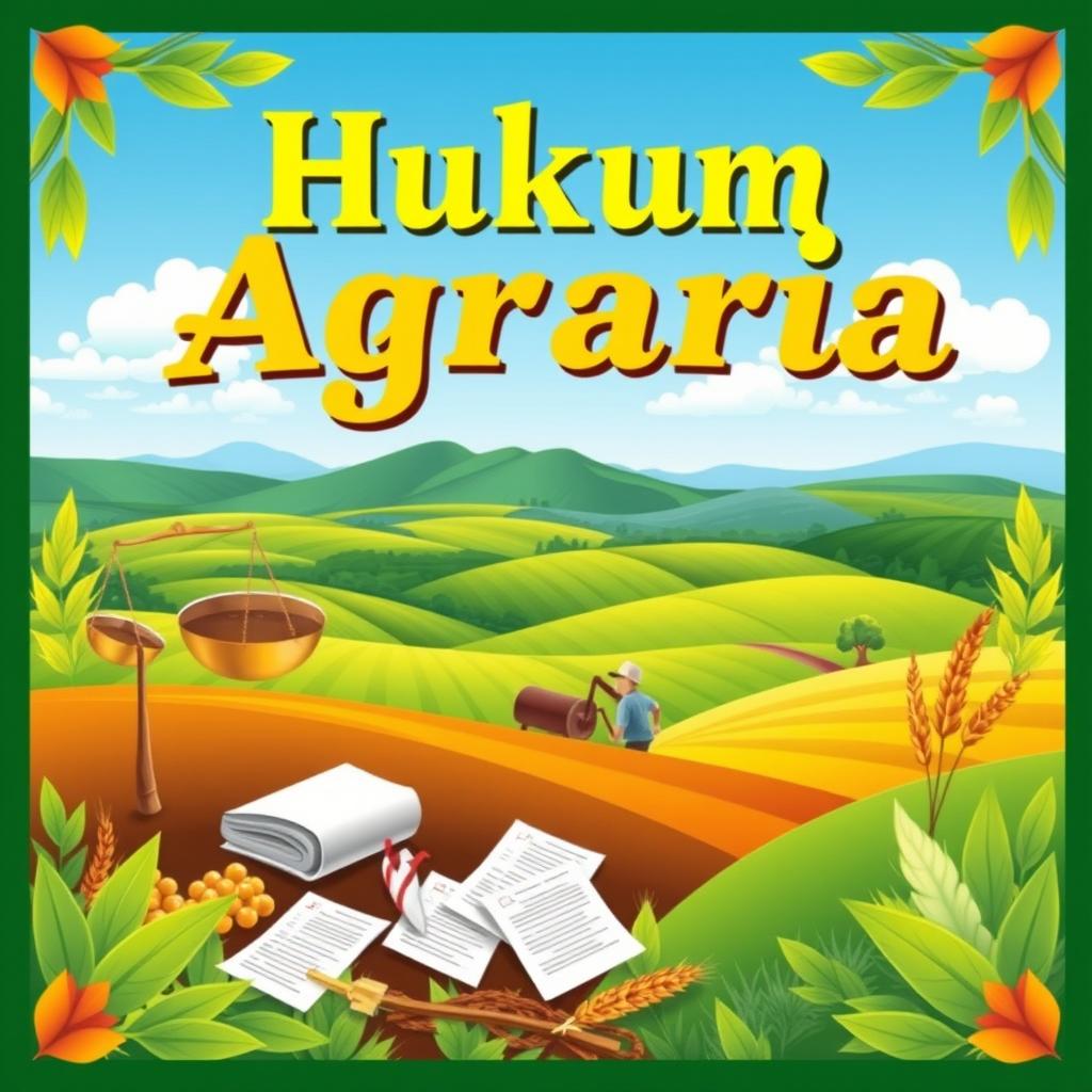 A vibrant poster design themed around agrarian law featuring a beautiful landscape of farmland with lush green fields, a clear blue sky, and a farmer working diligently