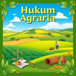 A vibrant poster design themed around agrarian law featuring a beautiful landscape of farmland with lush green fields, a clear blue sky, and a farmer working diligently