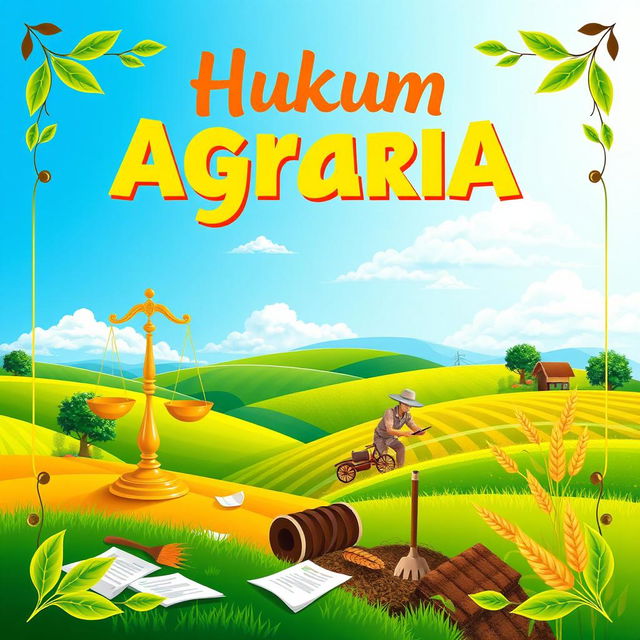 A vibrant poster design themed around agrarian law featuring a beautiful landscape of farmland with lush green fields, a clear blue sky, and a farmer working diligently