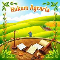 A vibrant poster design themed around agrarian law featuring a beautiful landscape of farmland with lush green fields, a clear blue sky, and a farmer working diligently