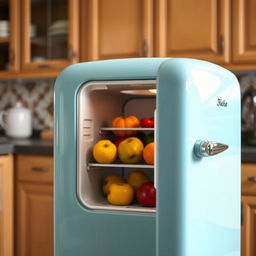 A small, vintage-style refrigerator with a smooth pastel blue exterior, featuring a shiny chrome handle and retro design elements