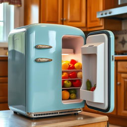 A small, vintage-style refrigerator with a smooth pastel blue exterior, featuring a shiny chrome handle and retro design elements