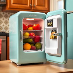 A small, vintage-style refrigerator with a smooth pastel blue exterior, featuring a shiny chrome handle and retro design elements