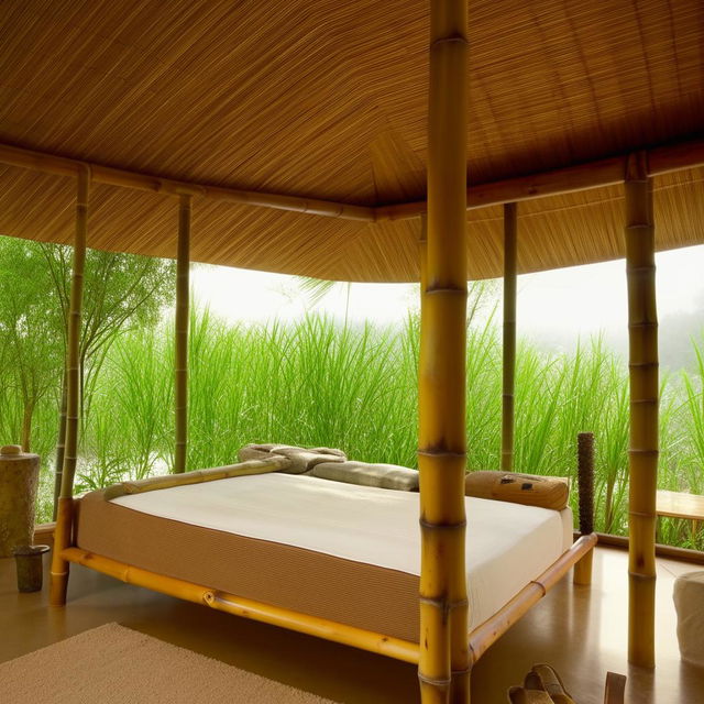 A natural bamboo bed with a comfortable mattress situated in a calm and serene setting