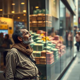 A poor man, dressed in tattered clothing, standing with a longing expression as he gazes at a shiny glass wall filled with vibrant stacks of money and gold coins