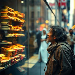 A poor man, dressed in tattered clothing, standing with a longing expression as he gazes at a shiny glass wall filled with vibrant stacks of money and gold coins