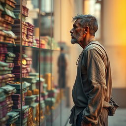 A poor man, dressed in tattered clothing, standing with a longing expression as he gazes at a shiny glass wall filled with vibrant stacks of money and gold coins