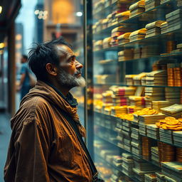 A poor man, dressed in tattered clothing, standing with a longing expression as he gazes at a shiny glass wall filled with vibrant stacks of money and gold coins