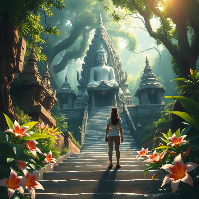 A beautifully detailed digital painting depicting a couple exploring a serene Buddha temple nestled deep within a lush jungle