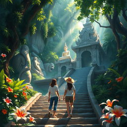 A beautifully detailed digital painting depicting a couple exploring a serene Buddha temple nestled deep within a lush jungle