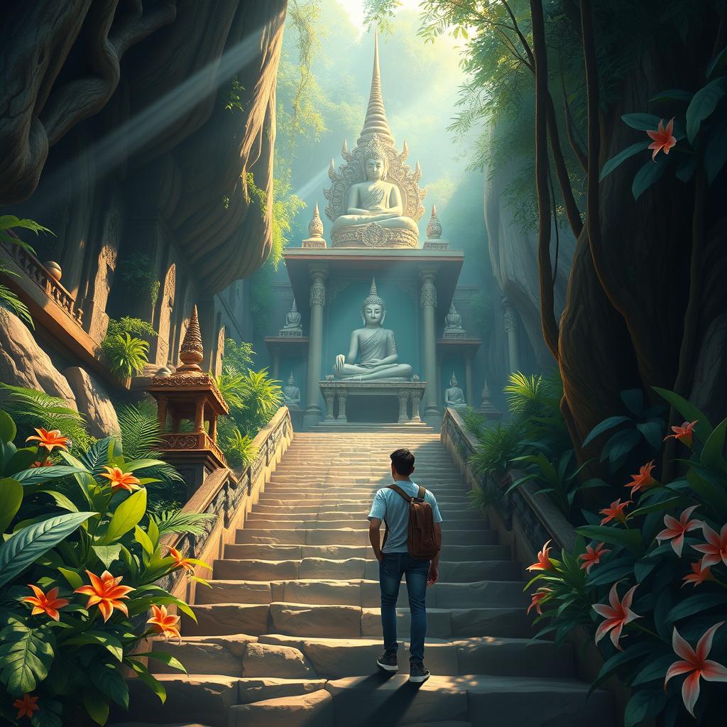 A beautifully detailed digital painting depicting a couple exploring a serene Buddha temple nestled deep within a lush jungle