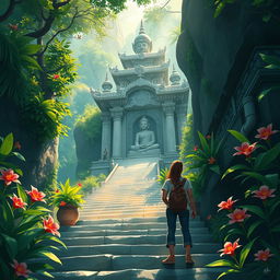 A beautifully detailed digital painting depicting a couple exploring a serene Buddha temple nestled deep within a lush jungle