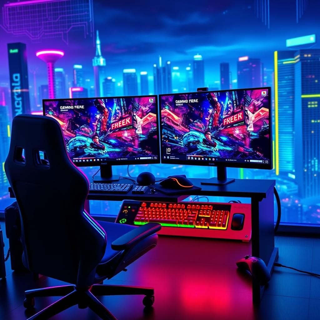 A vibrant and futuristic gaming and tech YouTube channel banner, featuring a sleek, high-tech gaming setup with dual monitors displaying colorful video game graphics