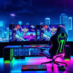 A vibrant and futuristic gaming and tech YouTube channel banner, featuring a sleek, high-tech gaming setup with dual monitors displaying colorful video game graphics