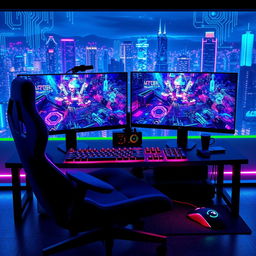 A vibrant and futuristic gaming and tech YouTube channel banner, featuring a sleek, high-tech gaming setup with dual monitors displaying colorful video game graphics