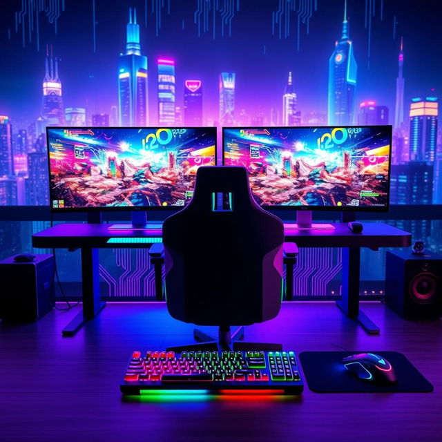 A vibrant and futuristic gaming and tech YouTube channel banner, featuring a sleek, high-tech gaming setup with dual monitors displaying colorful video game graphics