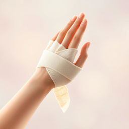 An artistic representation of a bandage wrapped around a delicate, stylized hand
