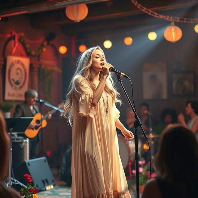 A serene scene depicting a woman singing passionately on stage, with soft lights illuminating her