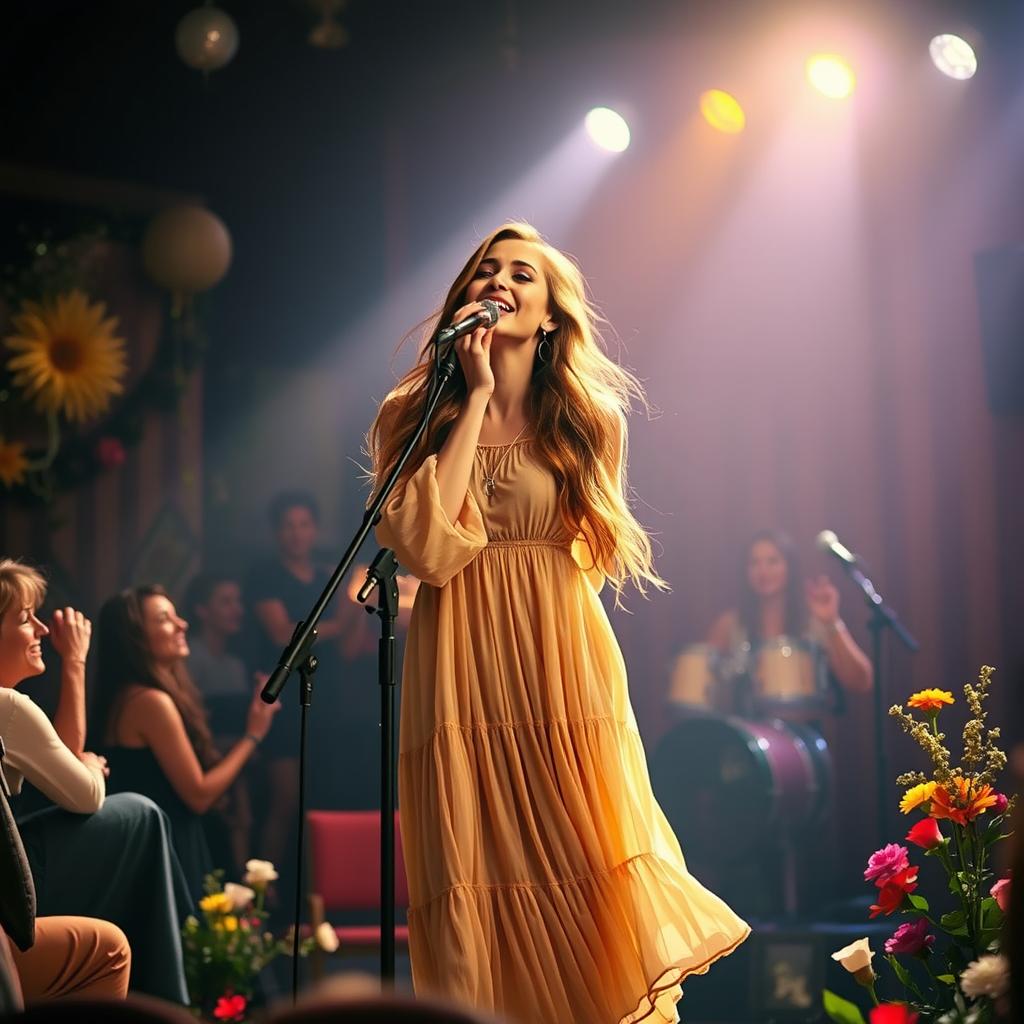 A serene scene depicting a woman singing passionately on stage, with soft lights illuminating her