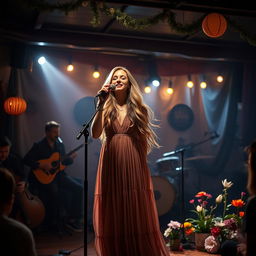 A serene scene depicting a woman singing passionately on stage, with soft lights illuminating her