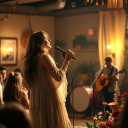 A serene scene depicting a woman singing passionately on stage, with soft lights illuminating her