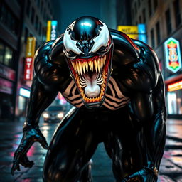 An intense scene featuring Venom, the iconic symbiote from Marvel Comics