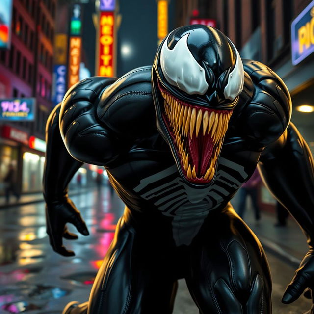 An intense scene featuring Venom, the iconic symbiote from Marvel Comics