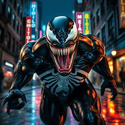 An intense scene featuring Venom, the iconic symbiote from Marvel Comics