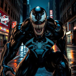An intense scene featuring Venom, the iconic symbiote from Marvel Comics
