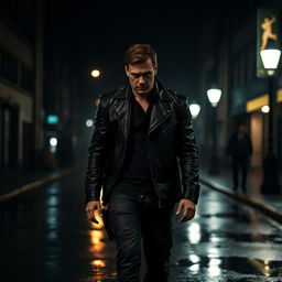 A gritty, intense scene from the movie 'The Enforcer' (2022) featuring Richard Hughes in a somber, shadowy atmosphere