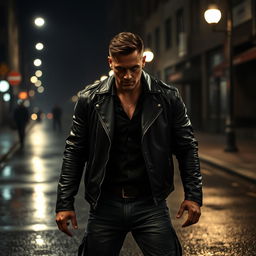 A gritty, intense scene from the movie 'The Enforcer' (2022) featuring Richard Hughes in a somber, shadowy atmosphere