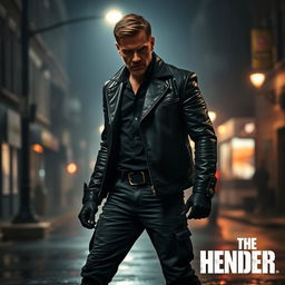 A gritty, intense scene from the movie 'The Enforcer' (2022) featuring Richard Hughes in a somber, shadowy atmosphere