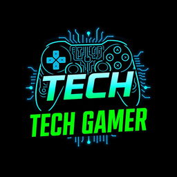 A modern and sleek logo design for a gaming and tech YouTube channel, featuring a stylized game controller and a circuit board pattern intertwined, with bold, futuristic typography that reads 'Tech Gamer'
