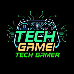 A modern and sleek logo design for a gaming and tech YouTube channel, featuring a stylized game controller and a circuit board pattern intertwined, with bold, futuristic typography that reads 'Tech Gamer'