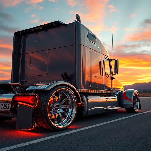 A highly detailed, custom semi-truck showcasing cutting-edge rims and wheels