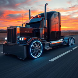 A highly detailed, custom semi-truck showcasing cutting-edge rims and wheels