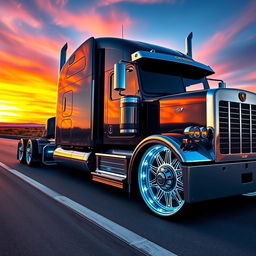 A highly detailed, custom semi-truck showcasing cutting-edge rims and wheels