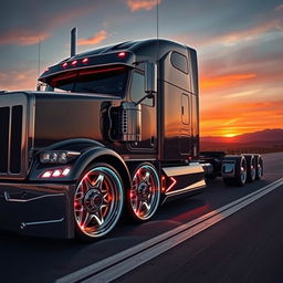 A striking, custom semi-truck exhibiting cutting-edge rims and wheels