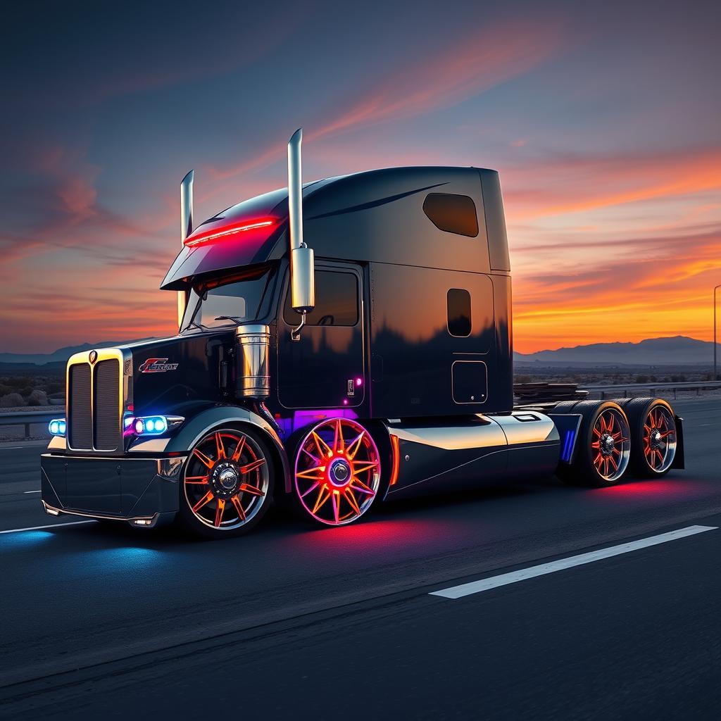 A striking, custom semi-truck exhibiting cutting-edge rims and wheels