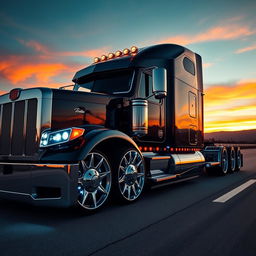 A striking, custom semi-truck exhibiting cutting-edge rims and wheels