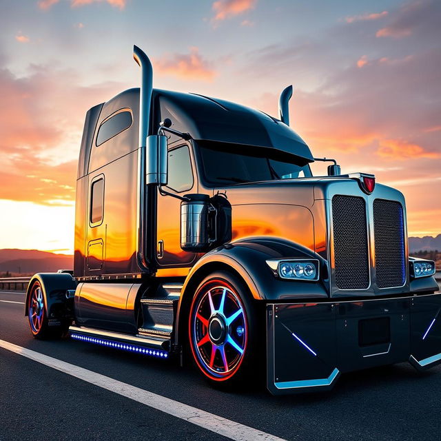 A striking, custom semi-truck exhibiting cutting-edge rims and wheels