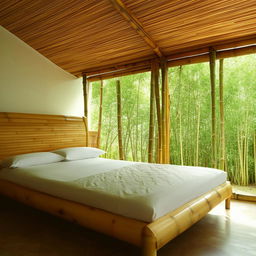 A natural bamboo bed with a comfortable mattress situated in a calm and serene setting