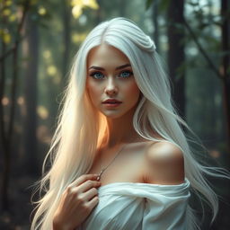 A stunning woman with long white hair, flowing elegantly around her shoulders