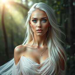 A stunning woman with long white hair, flowing elegantly around her shoulders