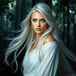A stunning woman with long white hair, flowing elegantly around her shoulders