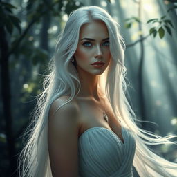 A stunning woman with long white hair, flowing elegantly around her shoulders