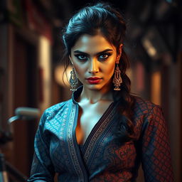 A striking Indian actress embodying the essence of a strong character from a web series