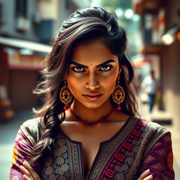 A striking Indian actress embodying the essence of a strong character from a web series
