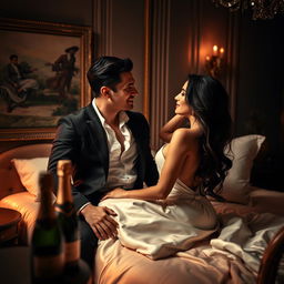 A sensual and seductive scene in a luxurious bedroom, showcasing an elegantly dressed couple engaging in intimate conversation