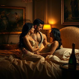 A sensual and seductive scene in a luxurious bedroom, showcasing an elegantly dressed couple engaging in intimate conversation